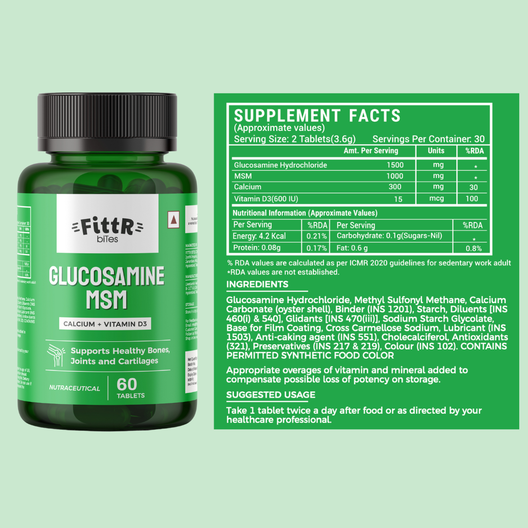 Supplement Facts Label – Glucosamine 1500mg, MSM 1000mg, Calcium, Vitamin D3