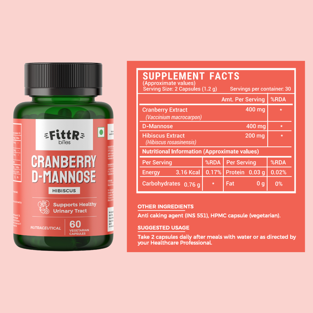 Back Label with Supplement Facts and Dosage – FittR Bites UTI Capsules