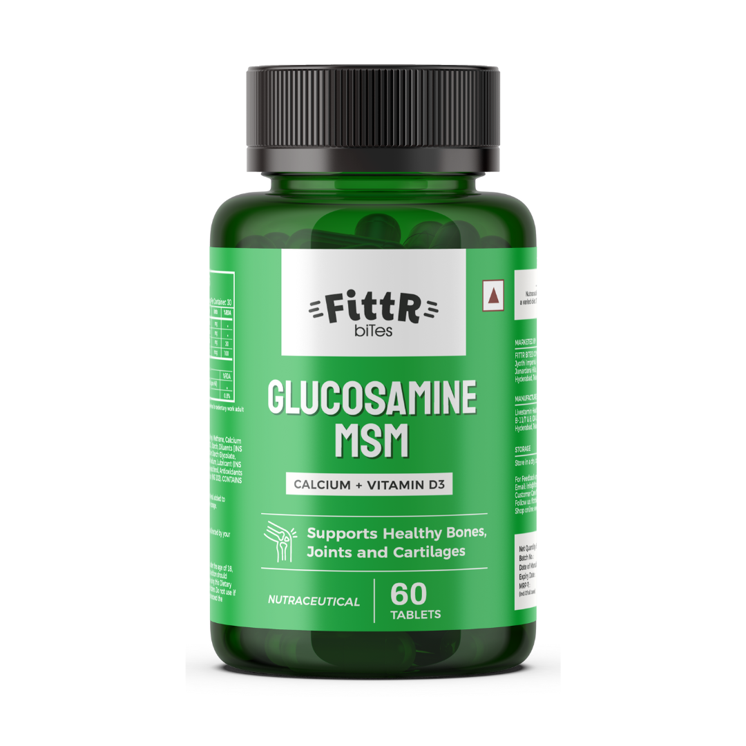 FittR Bites Glucosamine MSM Supplement Bottle – Joint Support Tablets with Calcium and Vitamin D3