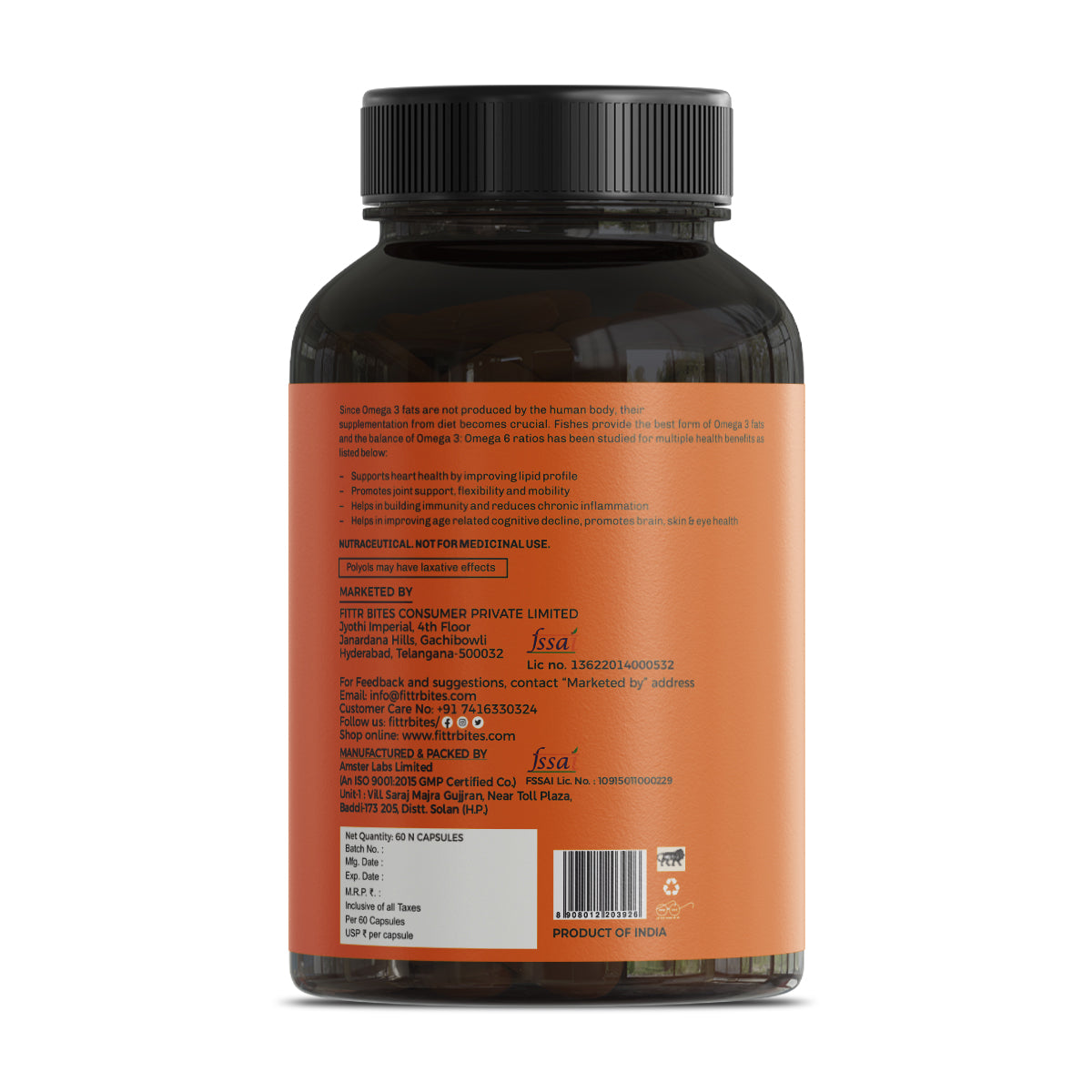 Usage instructions and storage info on back label of Omega-3 bottle