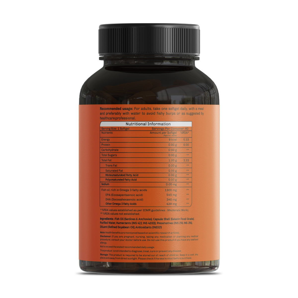 Back of Fittr Bites Omega-3 Fish Oil bottle showing supplement facts