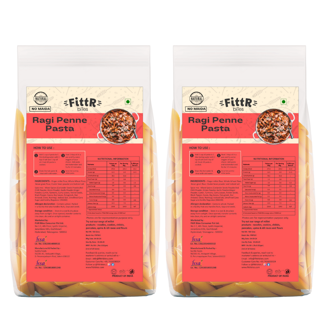 FittR Bites Ragi Millet Pasta, No Maida, Healthy, pack of 2, 360 gms