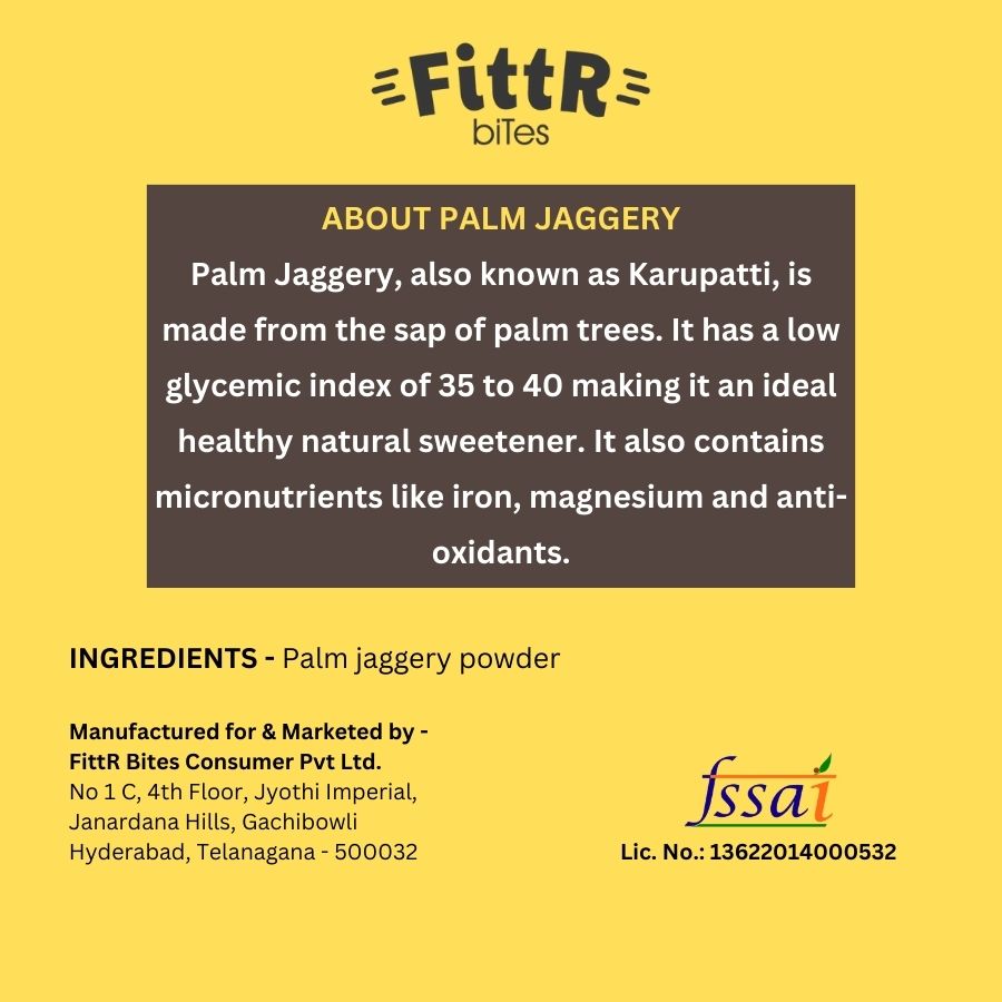 FittR Bites Palm Jaggery Back Label – Ingredients, Branding, and Manufacturer Information