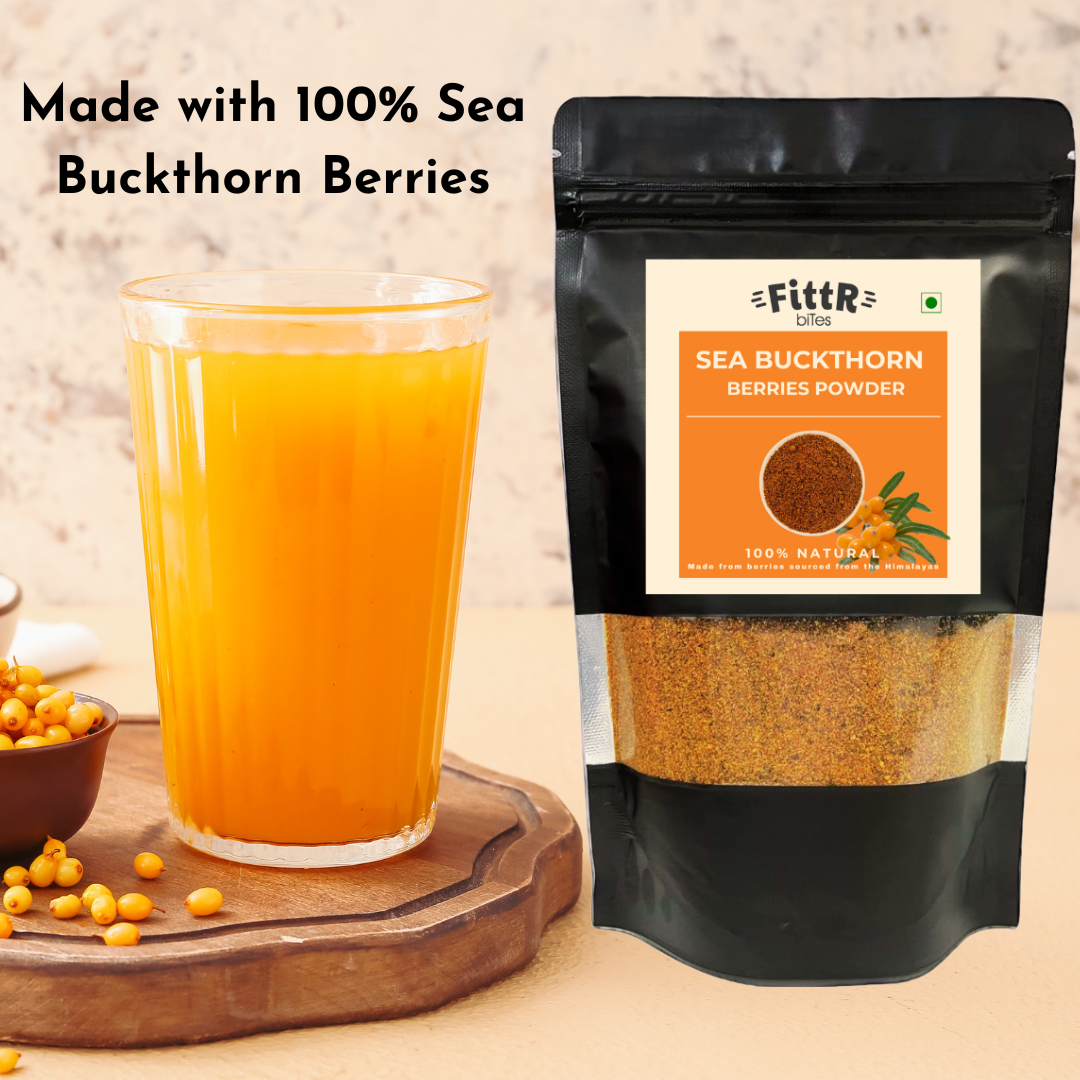 Fittr Bites Himalayan Sea Buckthorn Berries Powder Dried | Rich in Omega, Collagen, Fiber, Vitamin C, Vitamin E | (100, Grams)