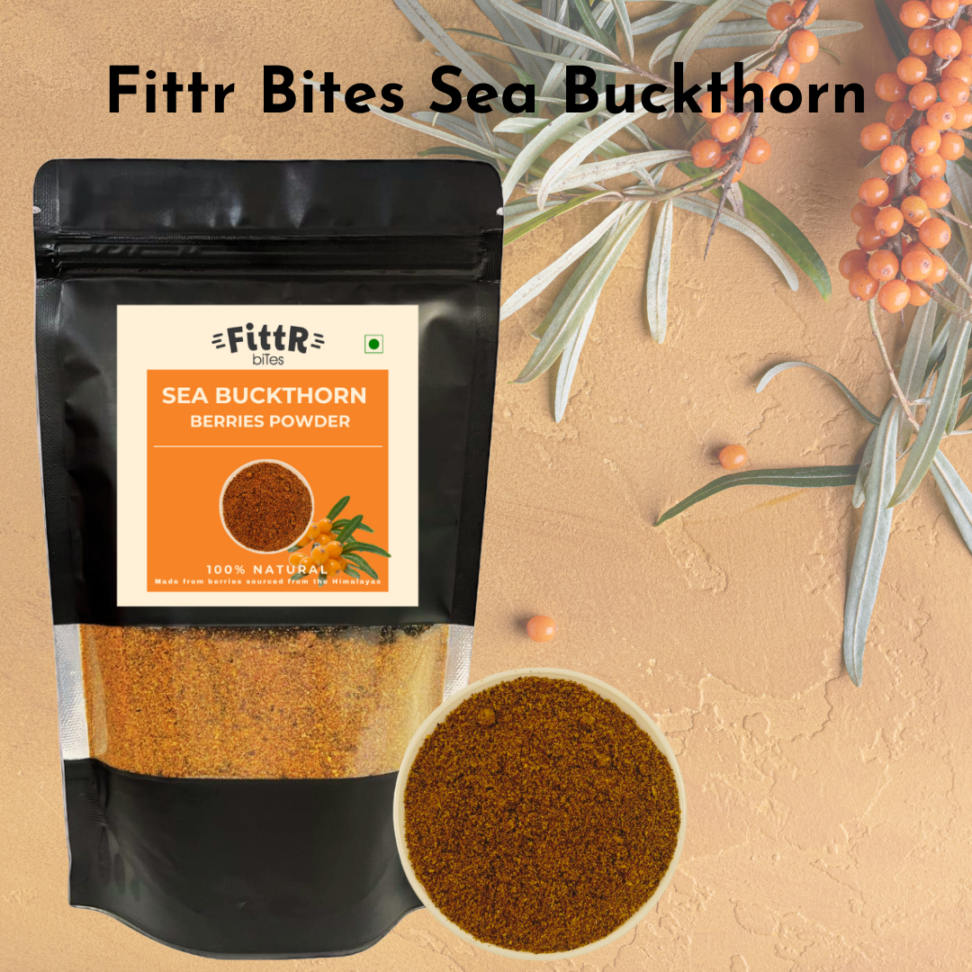 Fittr Bites Himalayan Sea Buckthorn Berries Powder Dried | Rich in Omega, Collagen, Fiber, Vitamin C, Vitamin E | (100, Grams)