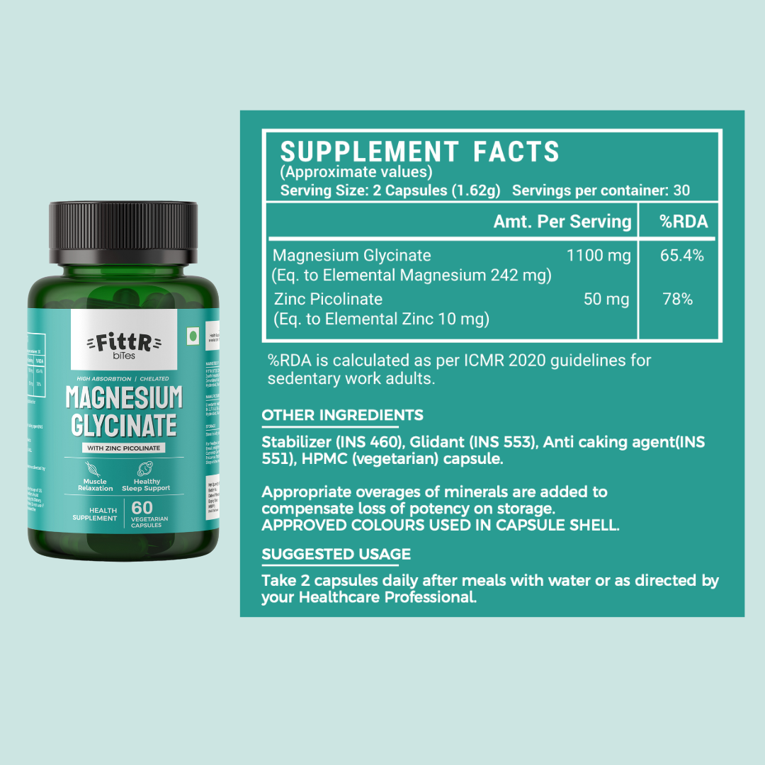 Supplement facts label showing dosage and ingredients of Fittr Bites Magnesium Glycinate