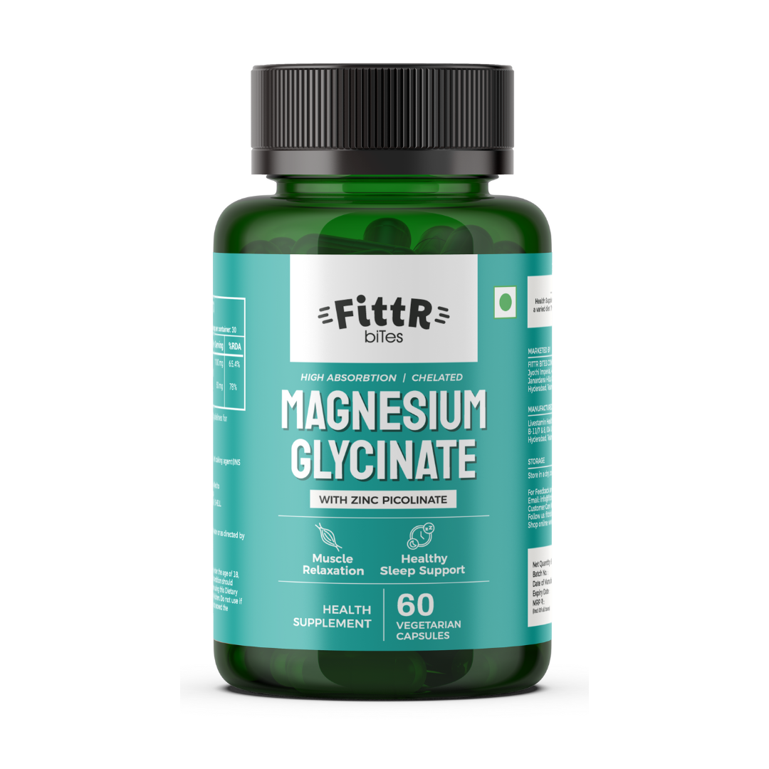 Magnesium Glycinate 60 capsules pack by Fittr Bites for men and women