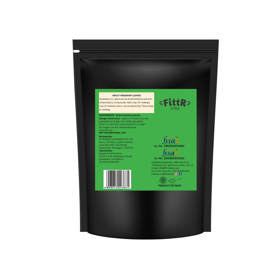 Back Label of FittR Bites Dried Rosemary Leaves – Ingredients and Certifications