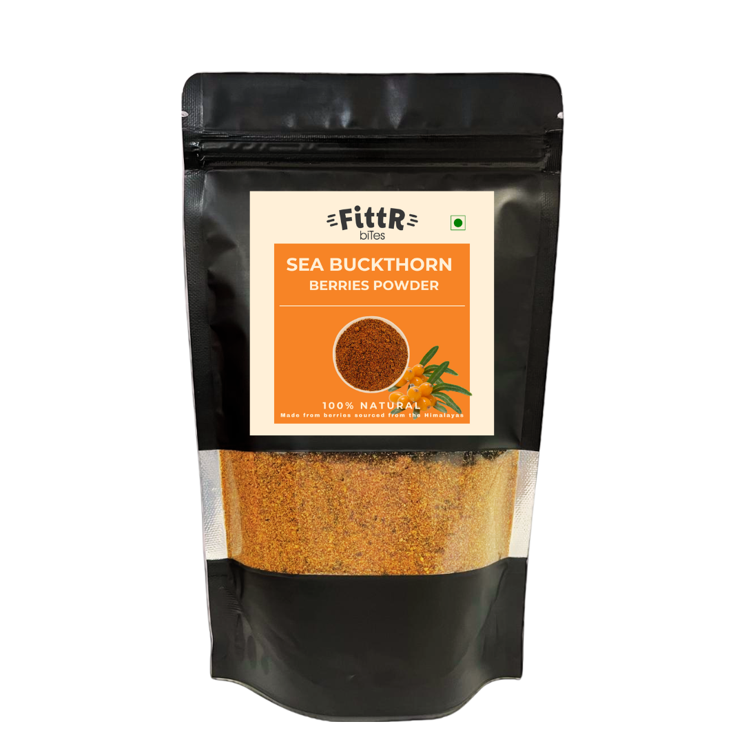 Fittr Bites Himalayan Sea Buckthorn Berries Powder Dried | Rich in Omega, Collagen, Fiber, Vitamin C, Vitamin E | (100, Grams)